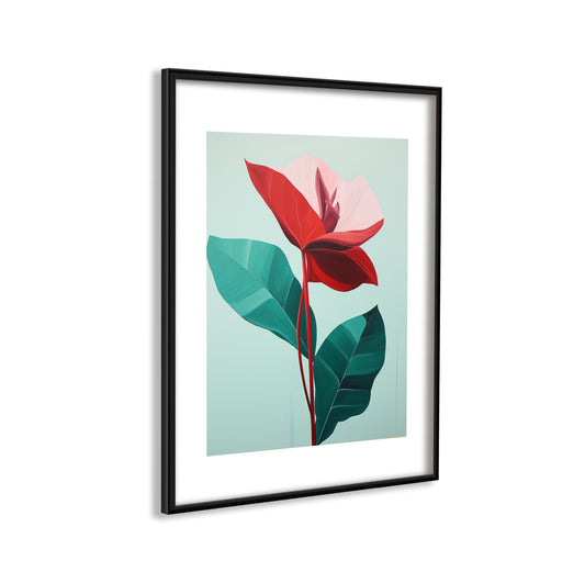 Red Flower On Green. Framed Poster. Print with White Borders. Code 7344_942